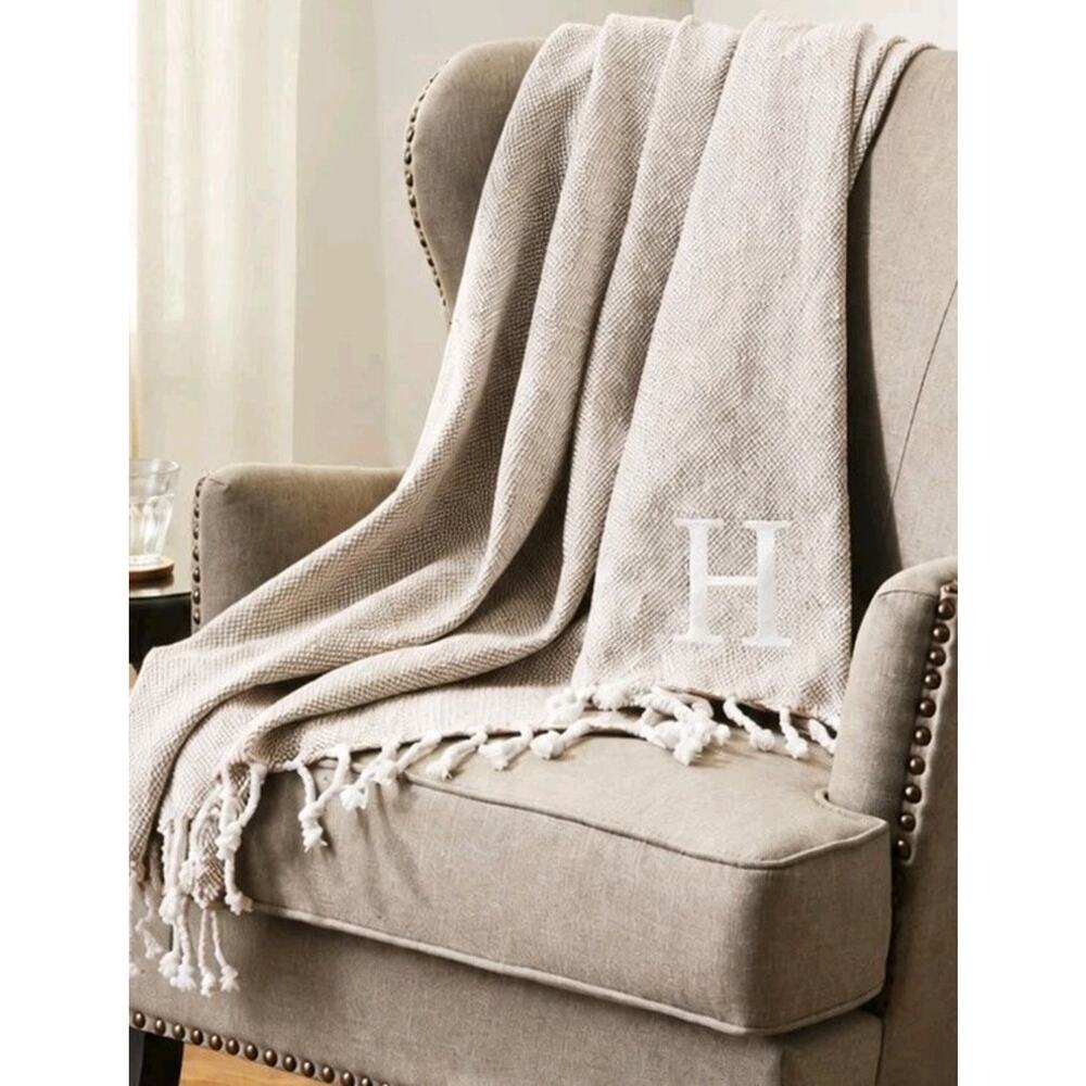 Mudpie Initial H Throw Blanket Woven Fringe 70"X50" Herringbone Monogram